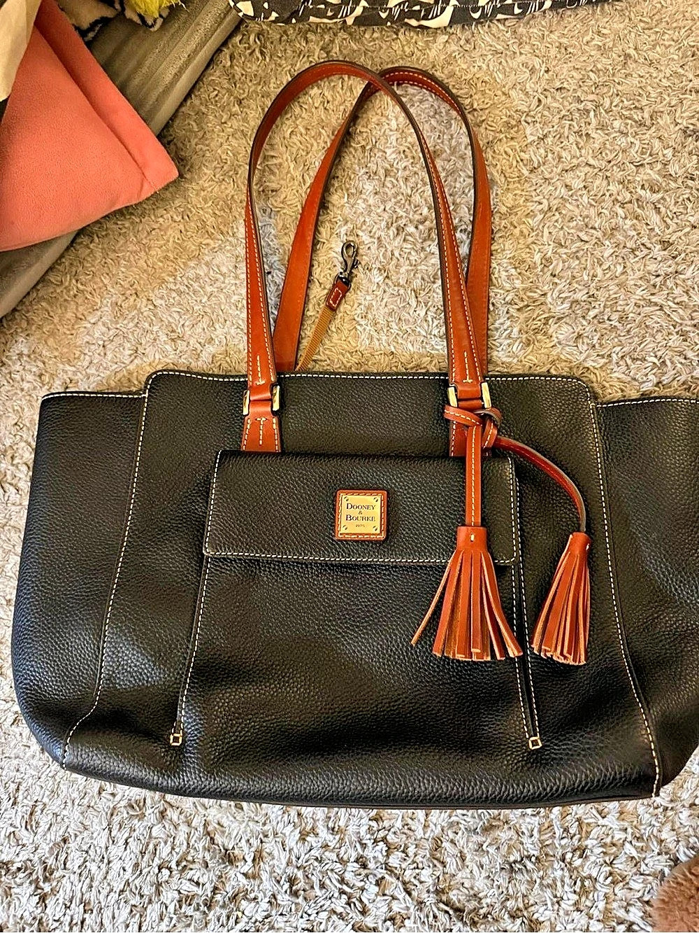 Dooney & Bourke Pebble Leather Double Strap Tassel Bag Tote in Black & Brown